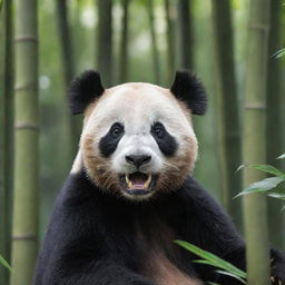 An unusual sight of a carnivorous panda showcasing sharp teeth and primal instincts, set against the backdrop of a dense bamboo forest