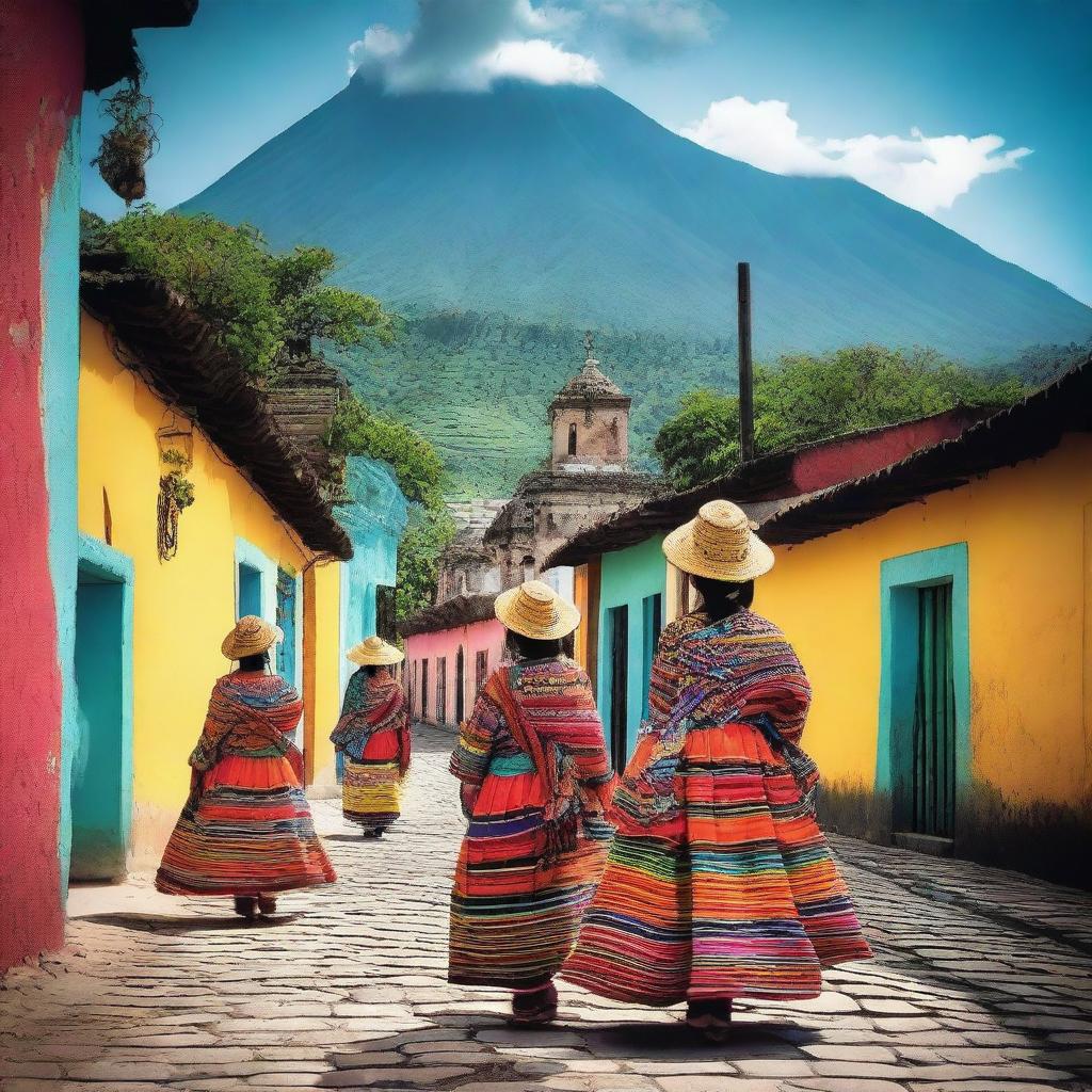 Create an image featuring the beauty of Guatemala with a focus on its vibrant culture, traditional clothing, and stunning landscapes