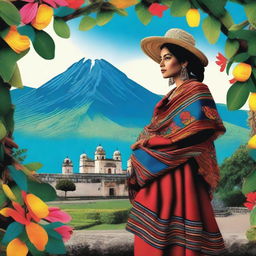 Create an image featuring the beauty of Guatemala with a focus on its vibrant culture, traditional clothing, and stunning landscapes