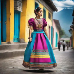 Create an image featuring the beauty of Guatemala with a focus on its vibrant culture, traditional clothing, and stunning landscapes