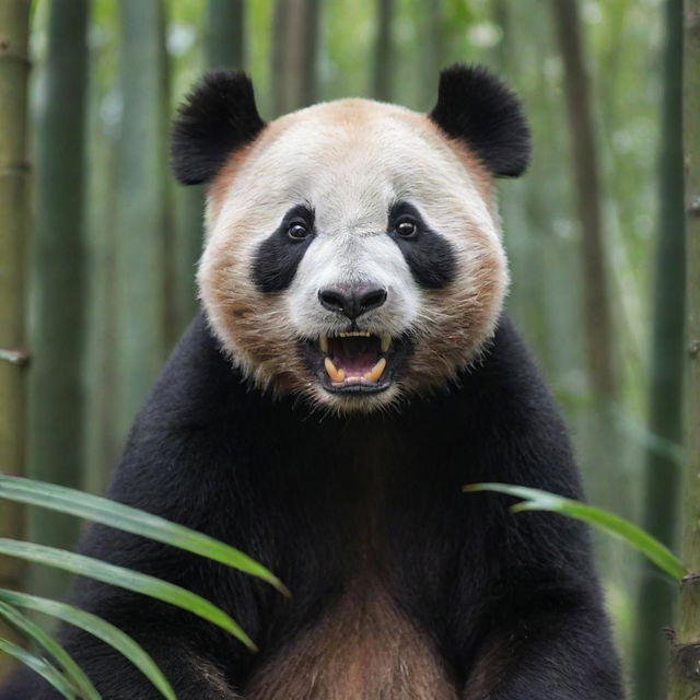 An unusual sight of a carnivorous panda showcasing sharp teeth and primal instincts, set against the backdrop of a dense bamboo forest