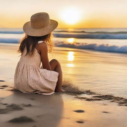 A young girl sitting on the beach, enjoying the serene view of the ocean