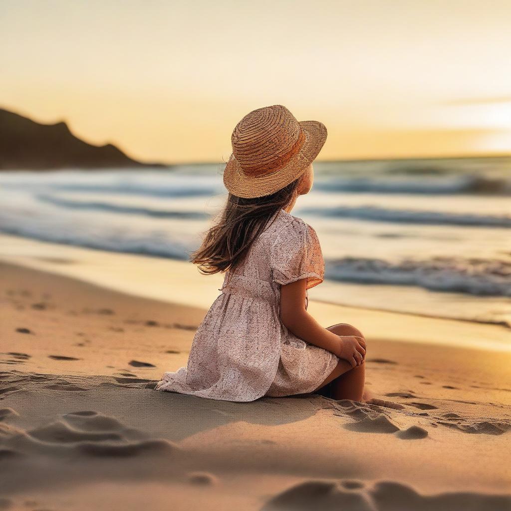 A young girl sitting on the beach, enjoying the serene view of the ocean