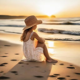 A young girl sitting on the beach, enjoying the serene view of the ocean