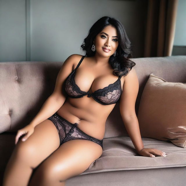 A curvy beautiful woman in lingerie sitting on a sofa