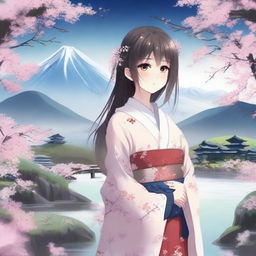 A beautiful anime girl standing in a serene landscape, with cherry blossoms falling around her