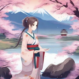 A beautiful anime girl standing in a serene landscape, with cherry blossoms falling around her