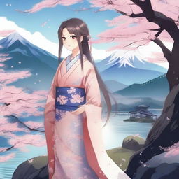 A beautiful anime girl standing in a serene landscape, with cherry blossoms falling around her