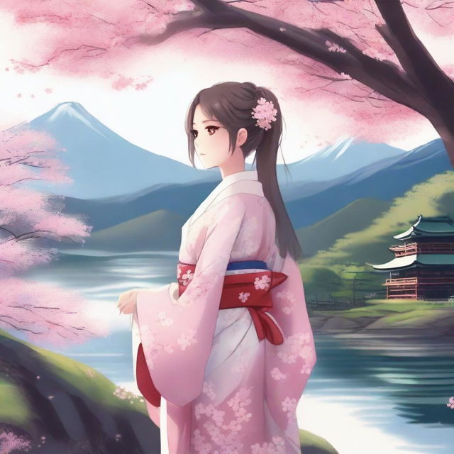 A beautiful anime girl standing in a serene landscape, with cherry blossoms falling around her