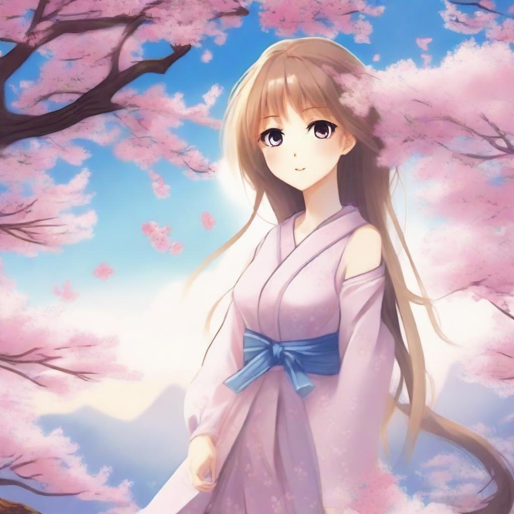 Create a high-resolution wallpaper featuring an anime girl with long flowing hair, standing in a beautiful landscape with cherry blossom trees