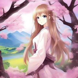 Create a high-resolution wallpaper featuring an anime girl with long flowing hair, standing in a beautiful landscape with cherry blossom trees