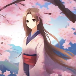 Create a high-resolution wallpaper featuring an anime girl with long flowing hair, standing in a beautiful landscape with cherry blossom trees