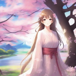 Create a high-resolution wallpaper featuring an anime girl with long flowing hair, standing in a beautiful landscape with cherry blossom trees