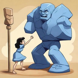 A human man, approximately 6'1" in height, is the main focus, visibly struggling to drag a giant stone hammer around 8 feet in length