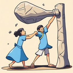 A human man, approximately 6'1" in height, is the main focus, visibly struggling to drag a giant stone hammer around 8 feet in length