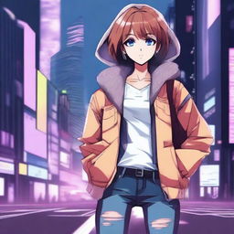 Create an image of a modern anime girl with stylish clothing, such as a trendy jacket and jeans, standing in an urban setting