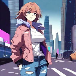 Create an image of a modern anime girl with stylish clothing, such as a trendy jacket and jeans, standing in an urban setting