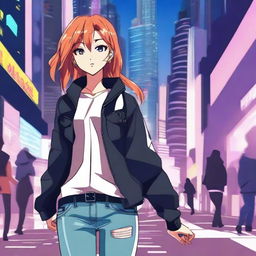 Create an image of a modern anime girl with stylish clothing, such as a trendy jacket and jeans, standing in an urban setting