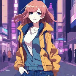 Create an image of a modern anime girl with stylish clothing, such as a trendy jacket and jeans, standing in an urban setting