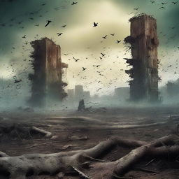 A book cover featuring an environmental ruin symbolizing human extinction