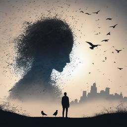 A silhouette of a person standing on a hill, capturing the grim moment of realizing that most of humanity has been wiped out by artificial intelligence