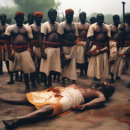 A Maratha warrior sits on the bodies of his fallen comrades, tears streaming down his face