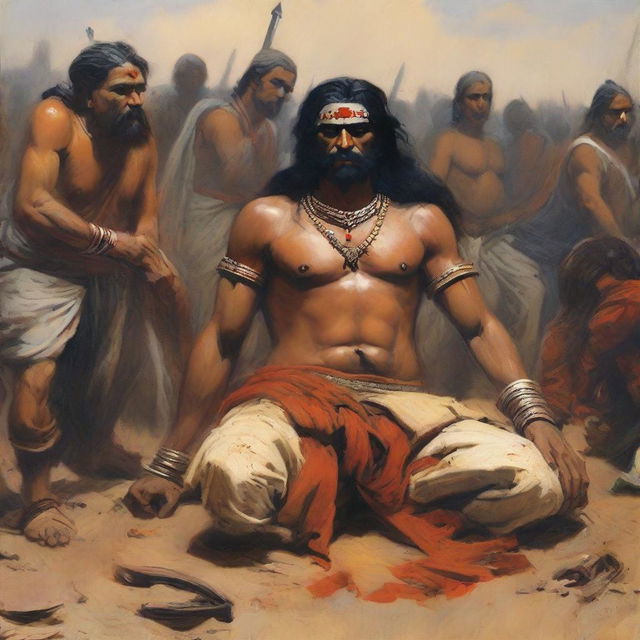 A Maratha warrior sits on the bodies of his fallen comrades, tears streaming down his face