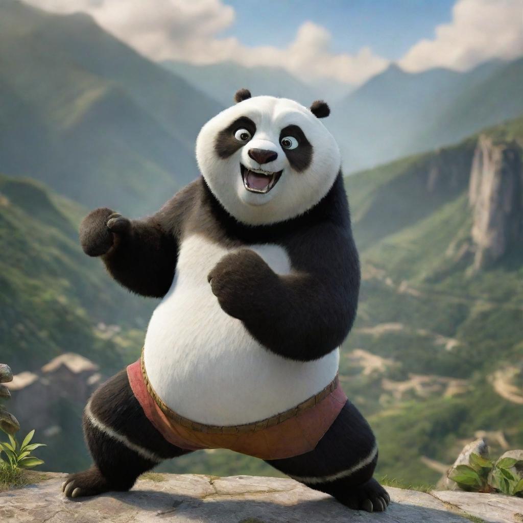 Po, the lovable Kung Fu Panda, in a dynamic fighting stance, fists at the ready, against the backdrop of the picturesque Valley of Peace.