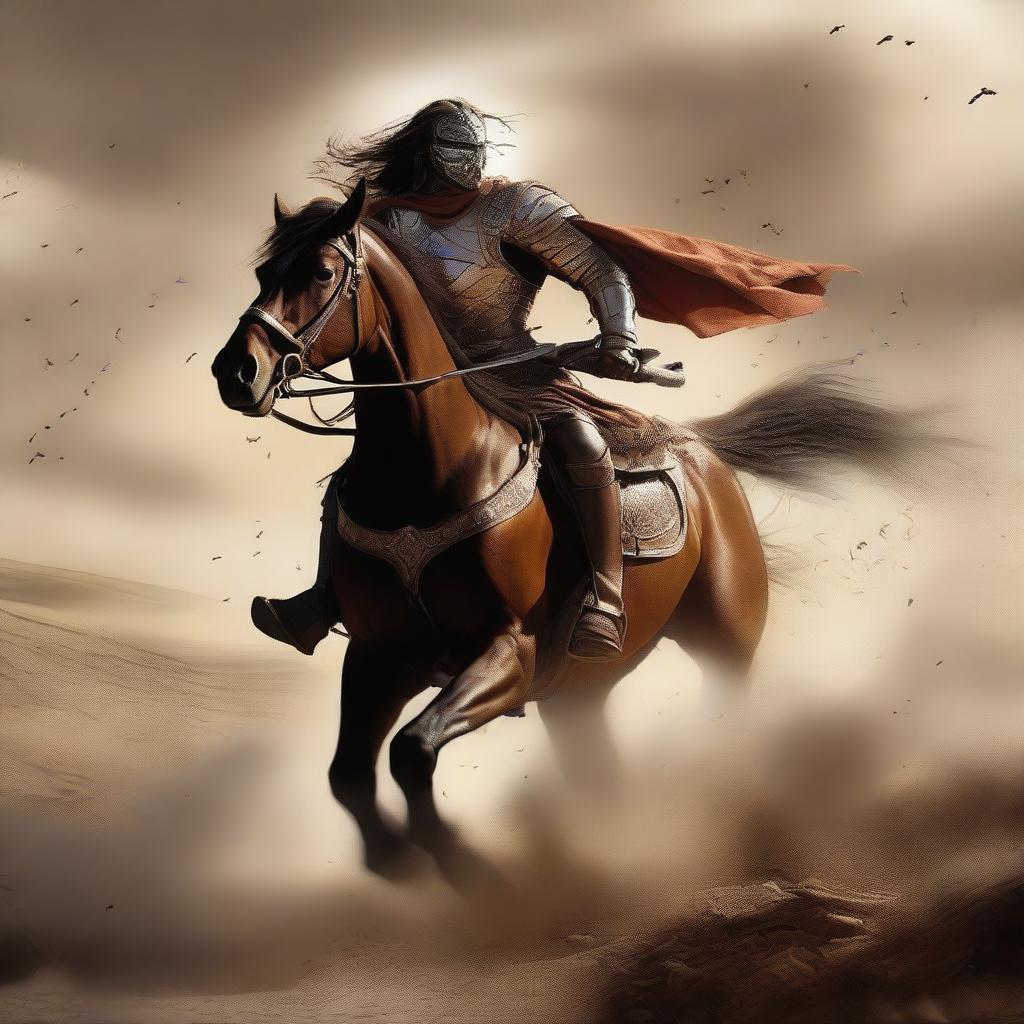 A lone warrior charges into battle on his horse, determination etched on his face