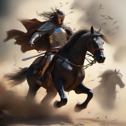 A lone warrior charges into battle on his horse, determination etched on his face