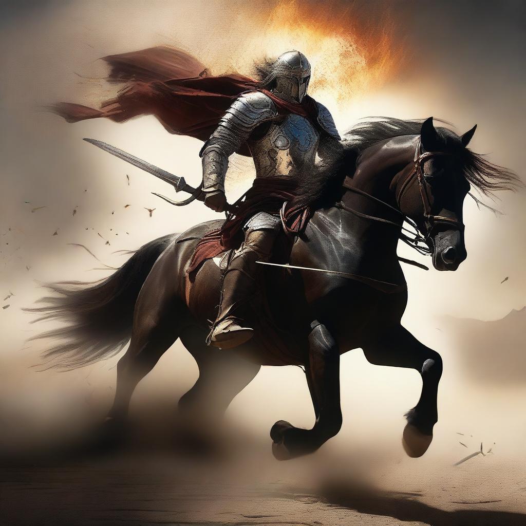 A lone warrior charges into battle on his horse, determination etched on his face