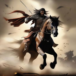 A lone warrior charges into battle on his horse, determination etched on his face