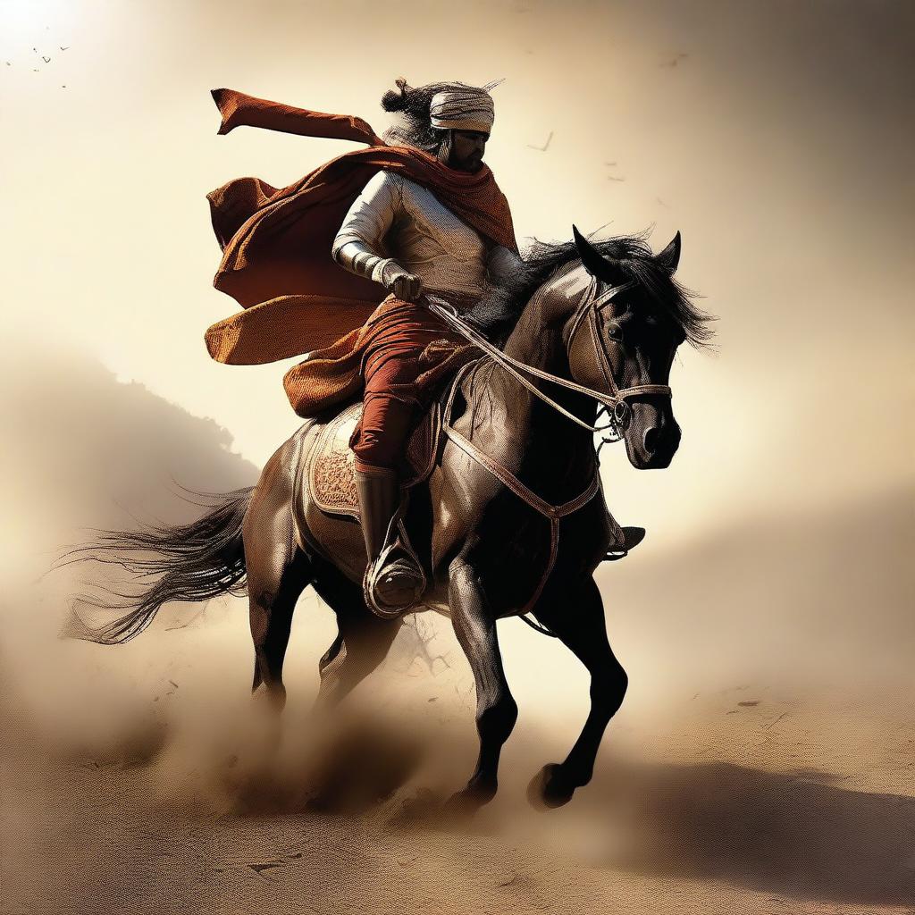 A Maratha lone warrior charges into battle on his horse, determination etched on his face