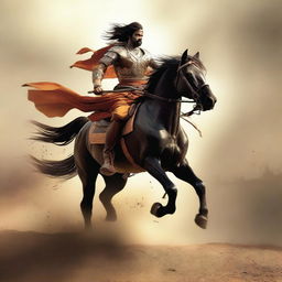 A Maratha lone warrior charges into battle on his horse, determination etched on his face