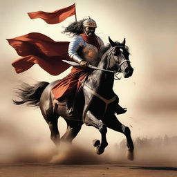 A Maratha lone warrior charges into battle on his horse, determination etched on his face