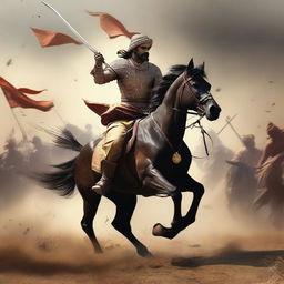 A Maratha lone warrior charges into battle on his horse, determination etched on his face