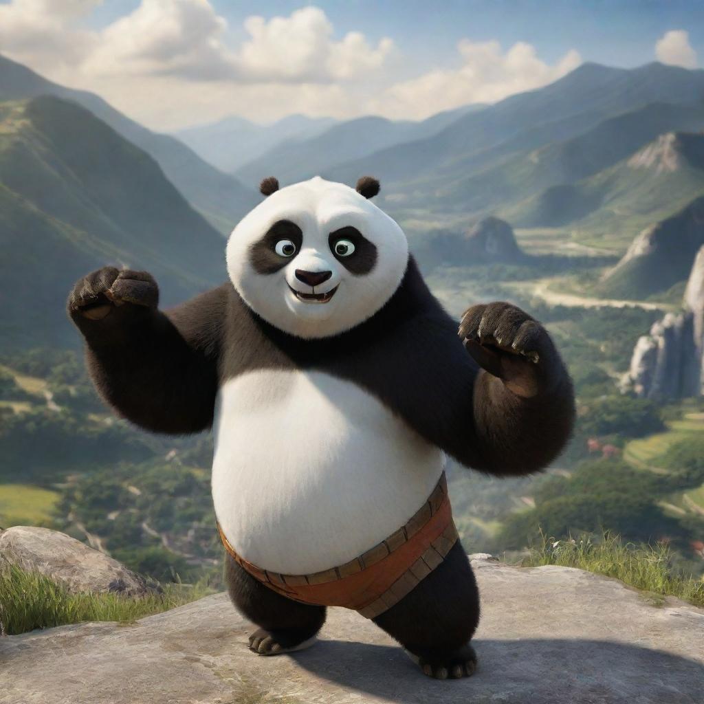 Po, the lovable Kung Fu Panda, in a dynamic fighting stance, fists at the ready, against the backdrop of the picturesque Valley of Peace.