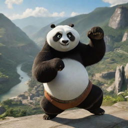 Po, the lovable Kung Fu Panda, in a dynamic fighting stance, fists at the ready, against the backdrop of the picturesque Valley of Peace.