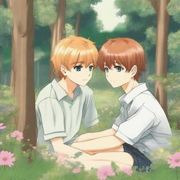 A boys love manga image set in a clearing in the forest with wildflowers