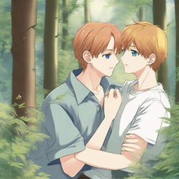 A boys love manga image set in a clearing in the forest with wildflowers