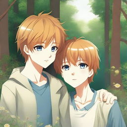 A boys love manga image set in a clearing in the forest with wildflowers