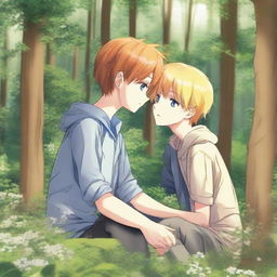 A boys love manga image set in a clearing in the forest with wildflowers