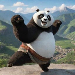 Po, the lovable Kung Fu Panda, in a dynamic fighting stance, fists at the ready, against the backdrop of the picturesque Valley of Peace.