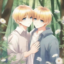 A yaoi manga book cover image in a 9:16 aspect ratio, featuring two boys embracing in love in a clearing in the forest with wildflowers