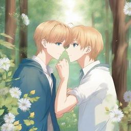 A yaoi manga book cover image in a 9:16 aspect ratio, featuring two boys embracing in love in a clearing in the forest with wildflowers