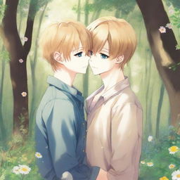 A yaoi manga book cover image in a 9:16 aspect ratio, featuring two boys embracing in love in a clearing in the forest with wildflowers