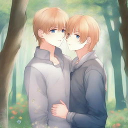 A yaoi manga book cover image in a 9:16 aspect ratio, featuring two boys embracing in love in a clearing in the forest with wildflowers