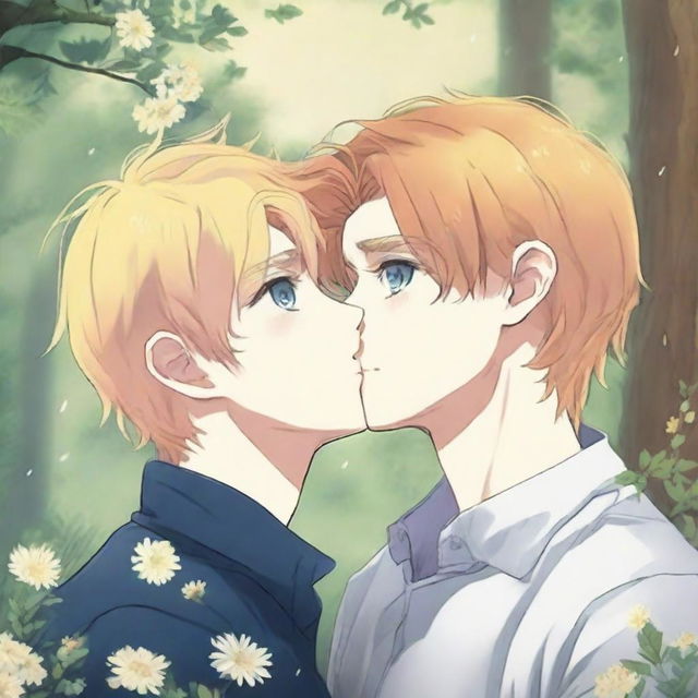 A yaoi manga book cover featuring one guy with blonde hair and blue eyes leaning in to kiss another guy with auburn hair and hazel eyes