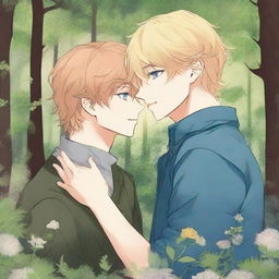 A yaoi manga book cover featuring one guy with blonde hair and blue eyes leaning in to kiss another guy with auburn hair and hazel eyes