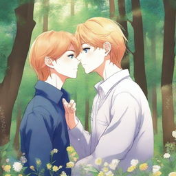 A yaoi manga book cover featuring one guy with blonde hair and blue eyes leaning in to kiss another guy with auburn hair and hazel eyes